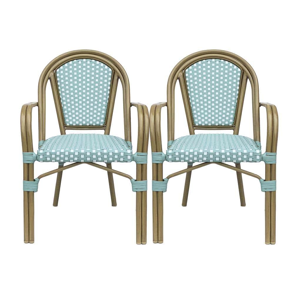 Cecil Aluminum and Wicker Outdoor French Bistro Chairs, Set of 2, Light Teal, White, and Wood Print