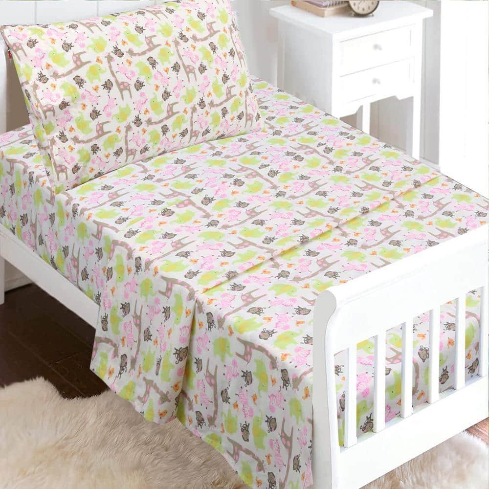 3-Piece Cotton Toddler Sheet Set for Kids Boys & Girls (Animals, Fish, Sports, Floral) Zoo Friends