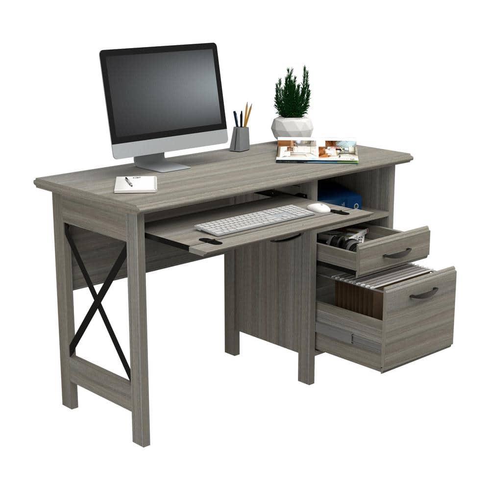 Inval America 2-Drawer Computer Desk with Keyboard Tray in Gray Smoke Oak