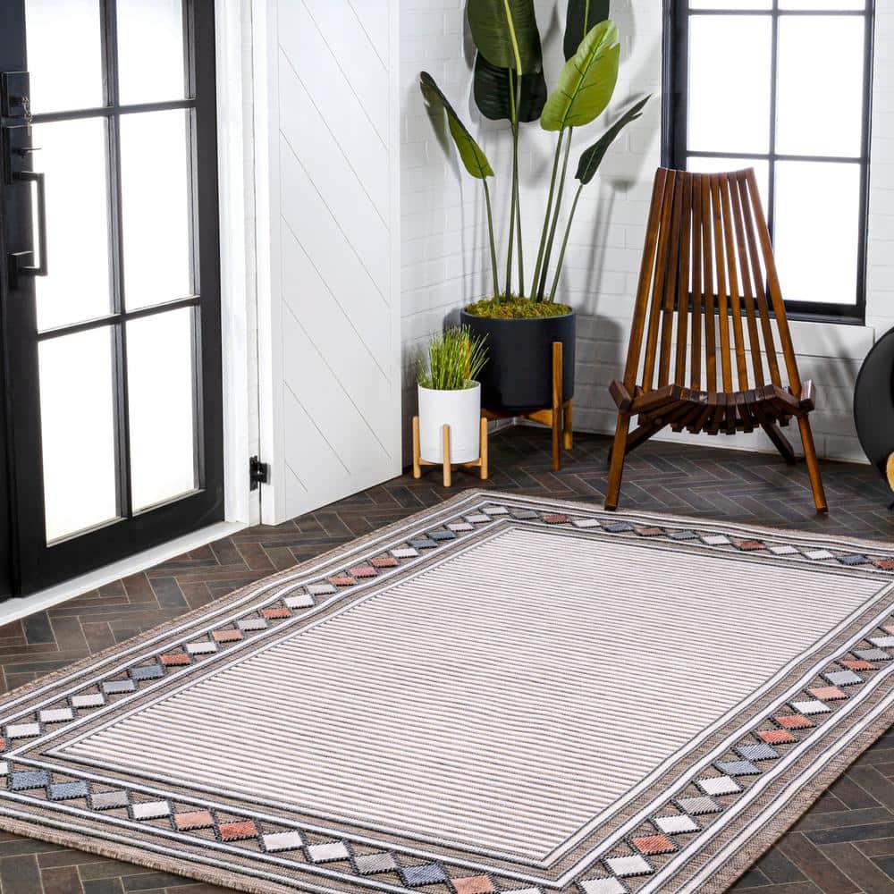 JONATHAN Y Sebastian High-Low Modern Diamond Border Brown/Ivory 3 ft. x 5 ft. Indoor/Outdoor Area Rug