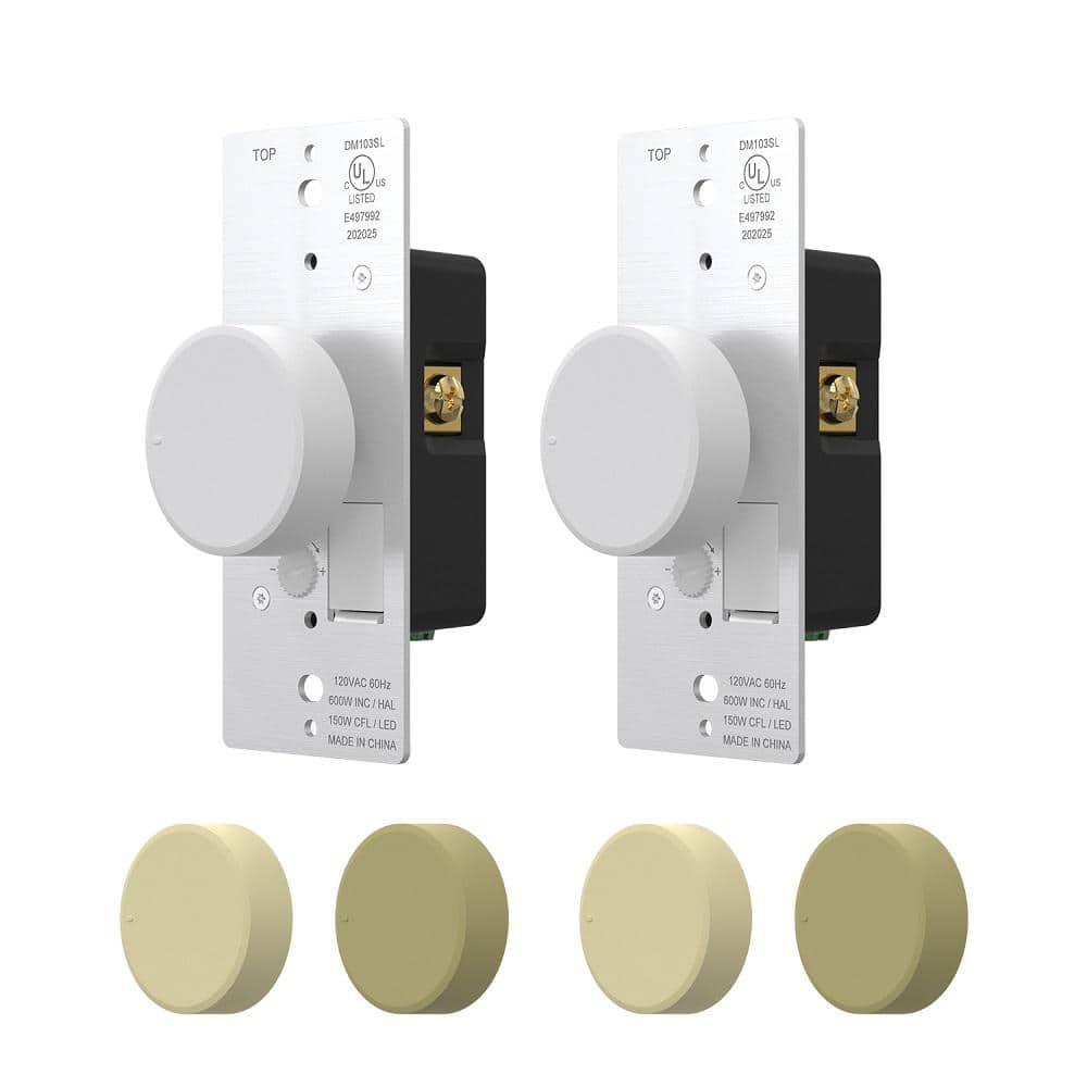 ELEGRP Push Button Rotary Dimmer Switch with Night Indicator Light, Push On/Off, Single Pole/ 3-Way, White/Ivory/light Almond Knobs Included(2 Pack)