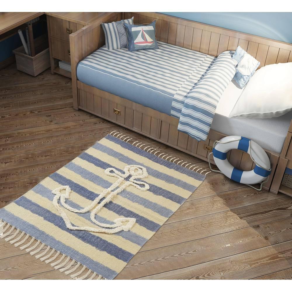 Ox Bay Blair 2'6" x 3'9" Blue/Beige Shag Anchor Striped Durable Indoor Area Rug