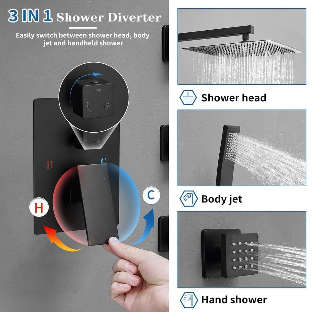 Rainfall Symphony 12inch 3-Function Dual Shower Head Thermostatic Shower System with 3 Sprays Handheld