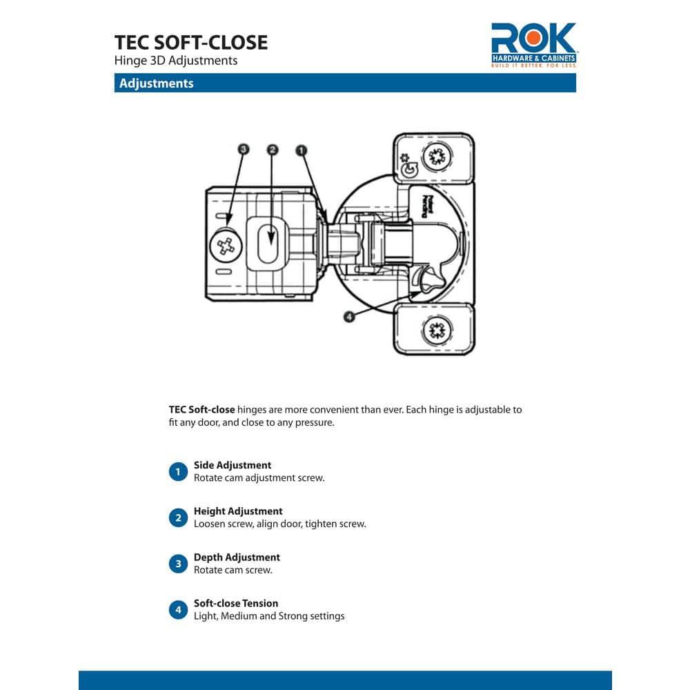 50 Pack Rok Hardware Grass TEC 864 108 Degree 1/2" Overlay Custom 3 Level Soft Close Screw On Compact Cabinet Hinge 04431A-15 3-Way Adjustment 45mm Screw Hole Pattern