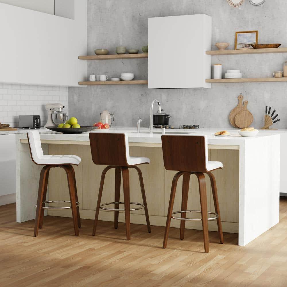 Simpli Home Roland Swivel Upholstered Mid-Century Modern Stool with Padded Seat and Back