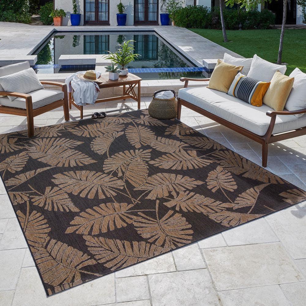 Reyn Spooner Reyn Spooner Lua'ehu Havana Brown/Black Bold Tropical Leaf Flatweave Indoor/Outdoor Area Rug