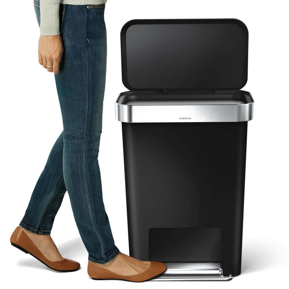 Simplehuman 45 Liter Rectangular Kitchen Trash Can with Liner Pocket, Black Plastic