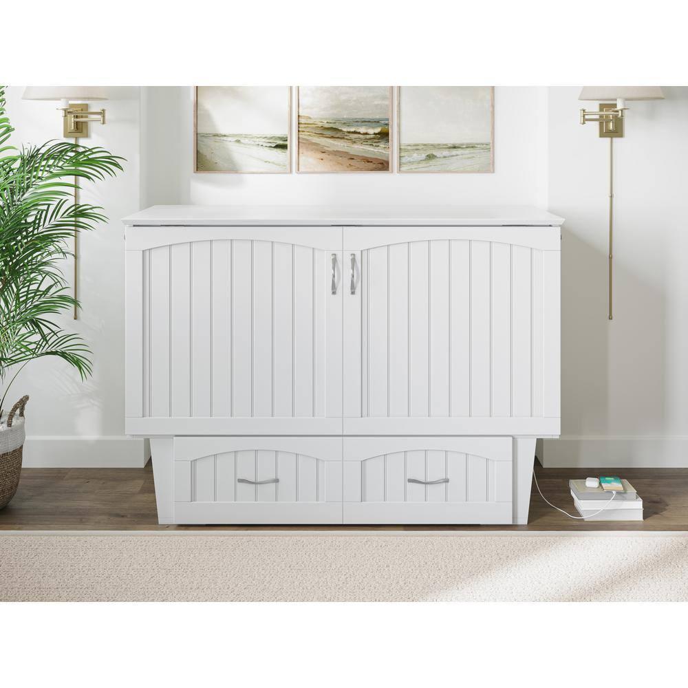 Nantucket Full Size Wood Murphy Bed Chest w/Mattress & Built-in Charger in White