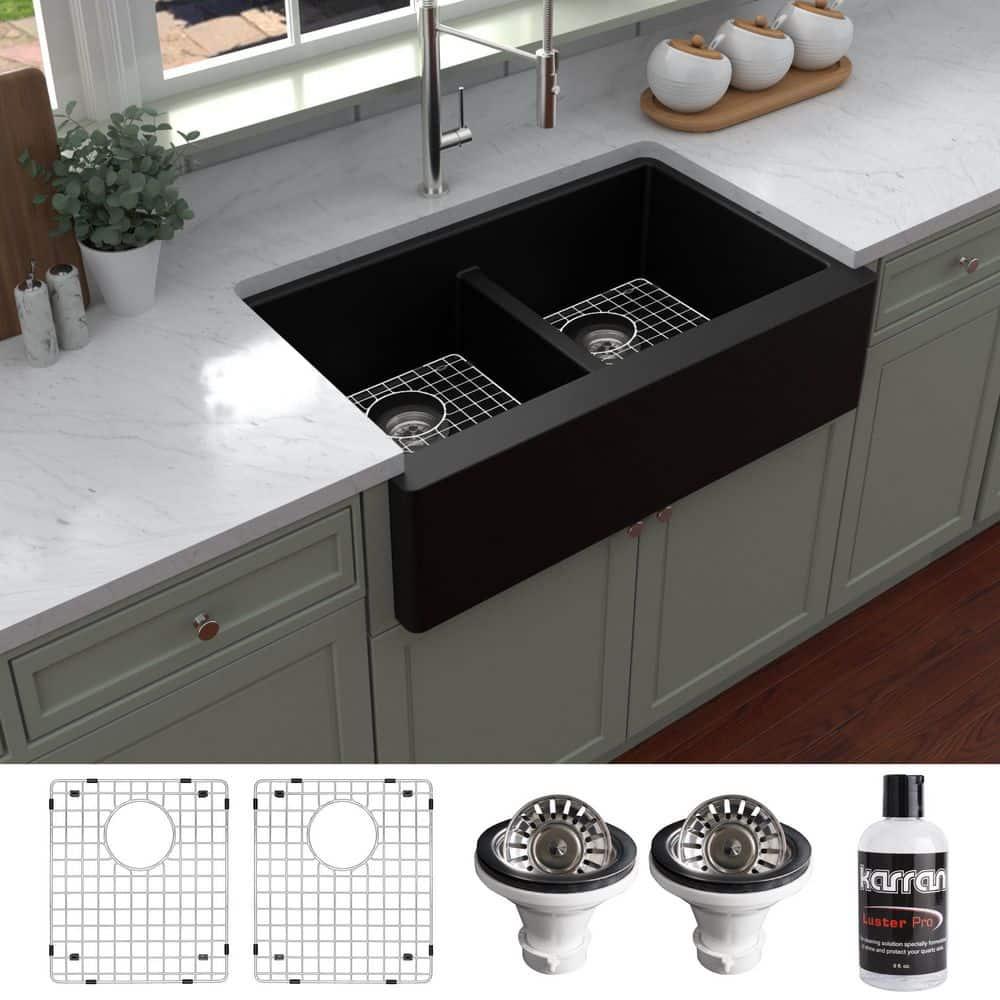 Karran Karran Quartz 34'' X 21-1/4'' 50/50 Double Bowl Farmhouse/Apron Front Kitchen Sink Kit QA-750-BR-PK1