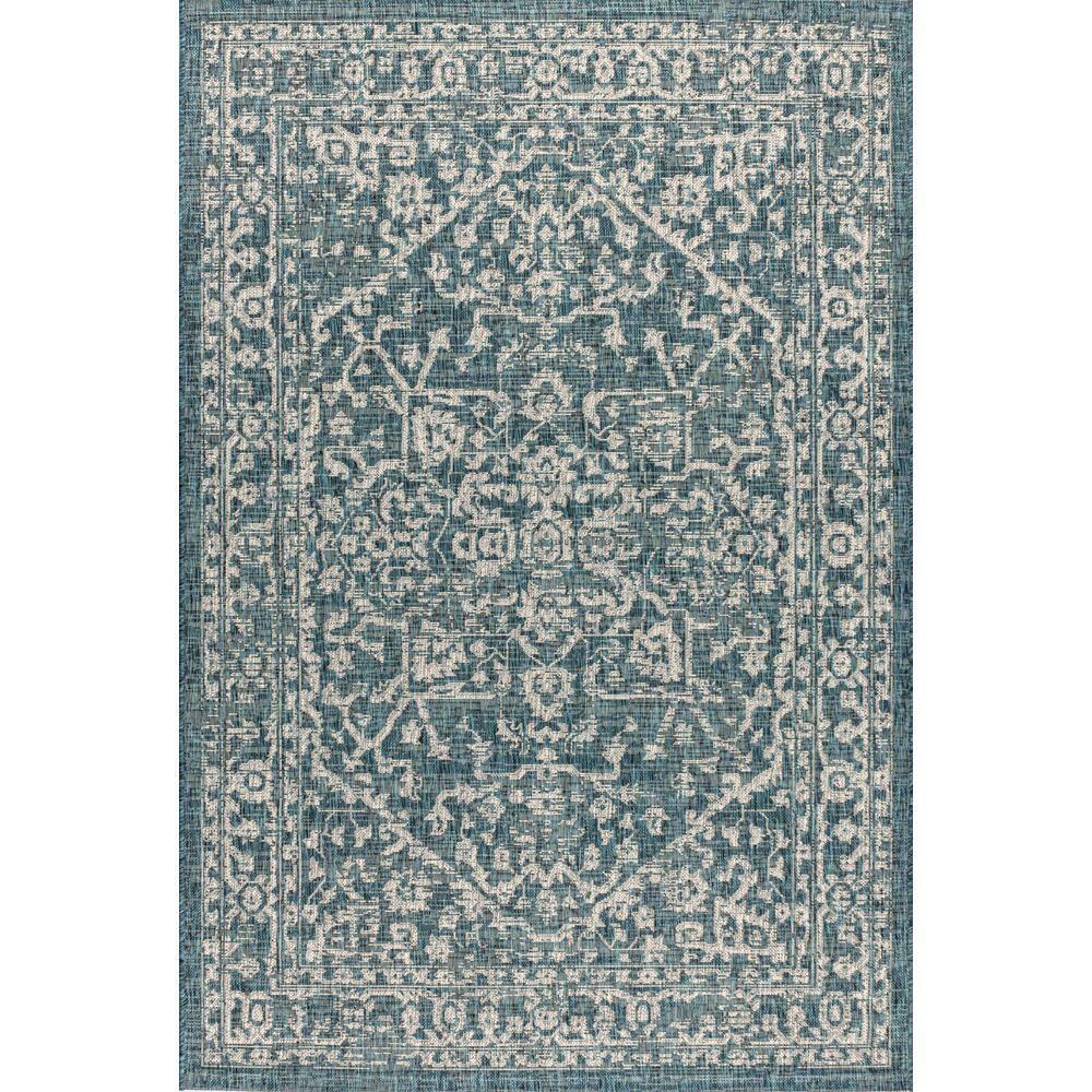 4'x6' Malta Bohemian Medallion Textured Weave Indoor/Outdoor Area Rug, Teal/Gray - JONATHAN Y