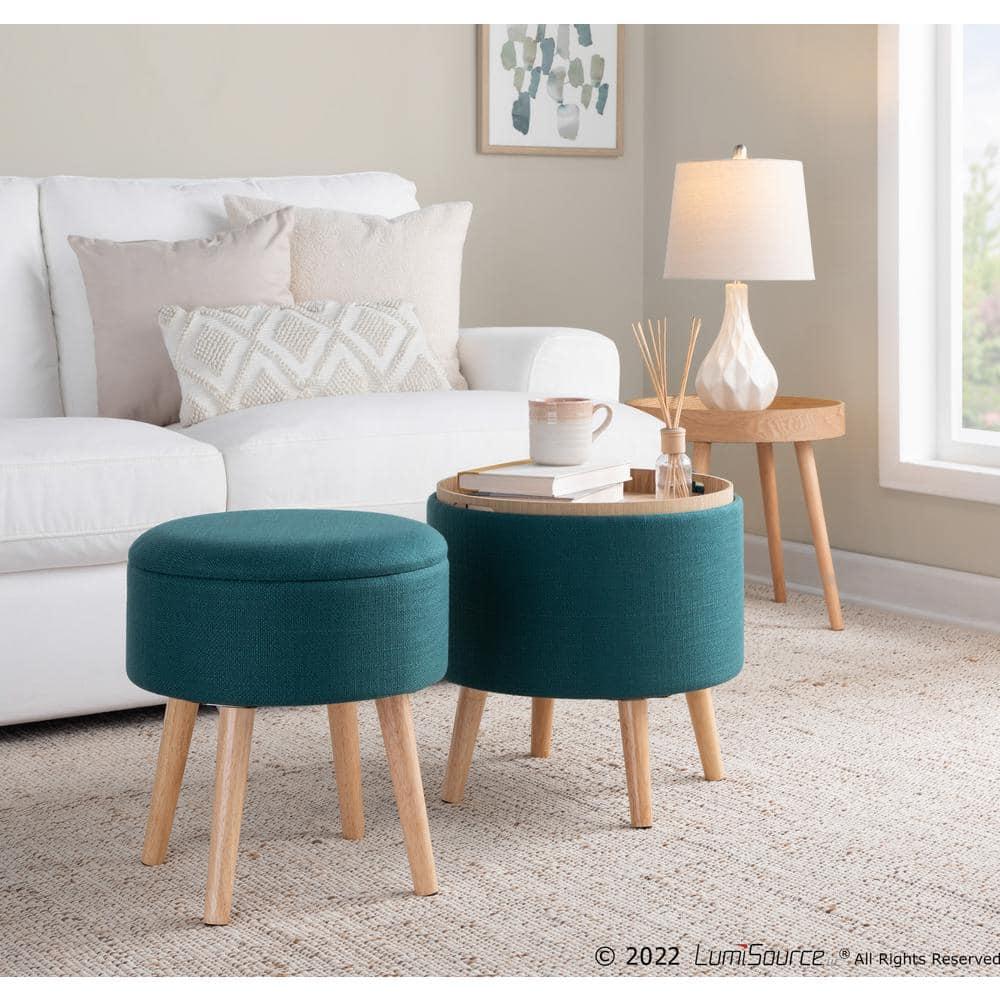 LumiSource Natural Wood, Teal Fabric Tray Storage Ottoman Set