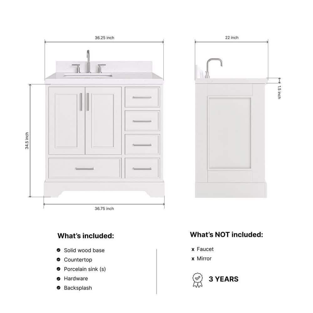 Ariel M036slcqrvo Stafford 36" Free Standing Single Basin Vanity Set - White