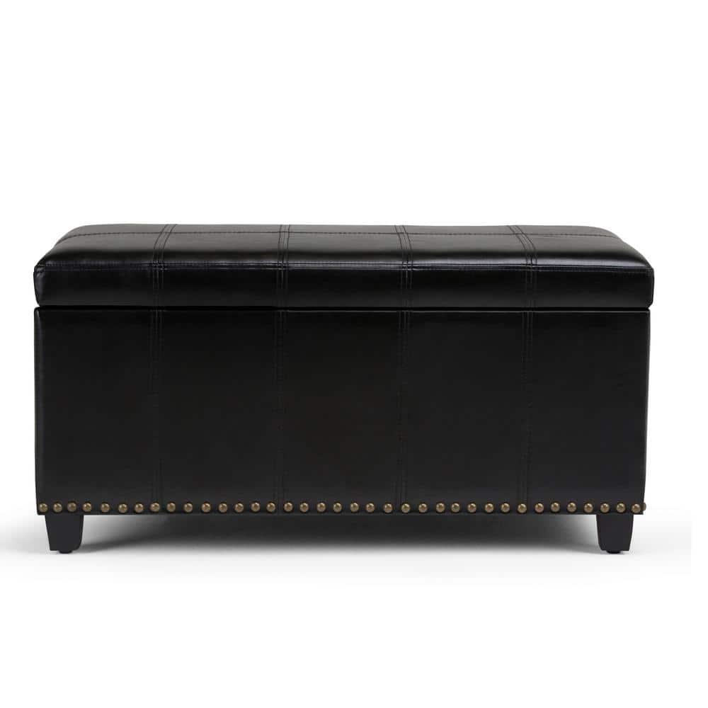 Simpli Home Amelia 34 inch Wide Transitional Rectangle Storage Ottoman Bench in Midnight Black Faux Leather