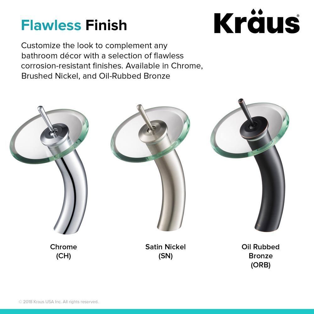 KRAUS Tall Waterfall Bathroom Faucet for Vessel Sink with Frosted Glass Disk and Pop-Up Drain, Satin Nickel Finish