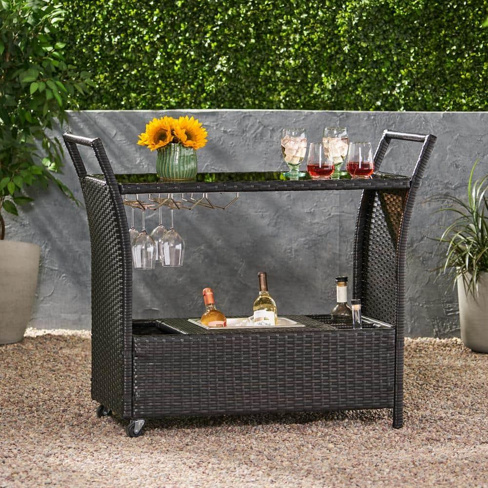 Noble House Bahama Wicker Serving Bar Cart in Multibrown
