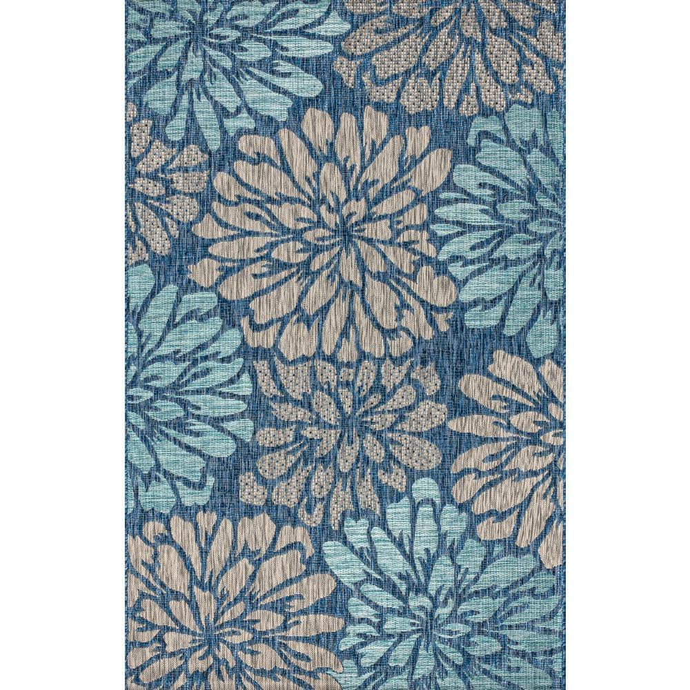 4'x6' Zinnia Modern Floral Textured Weave Indoor/Outdoor Area Rug, Navy/Aqua - JONATHAN Y