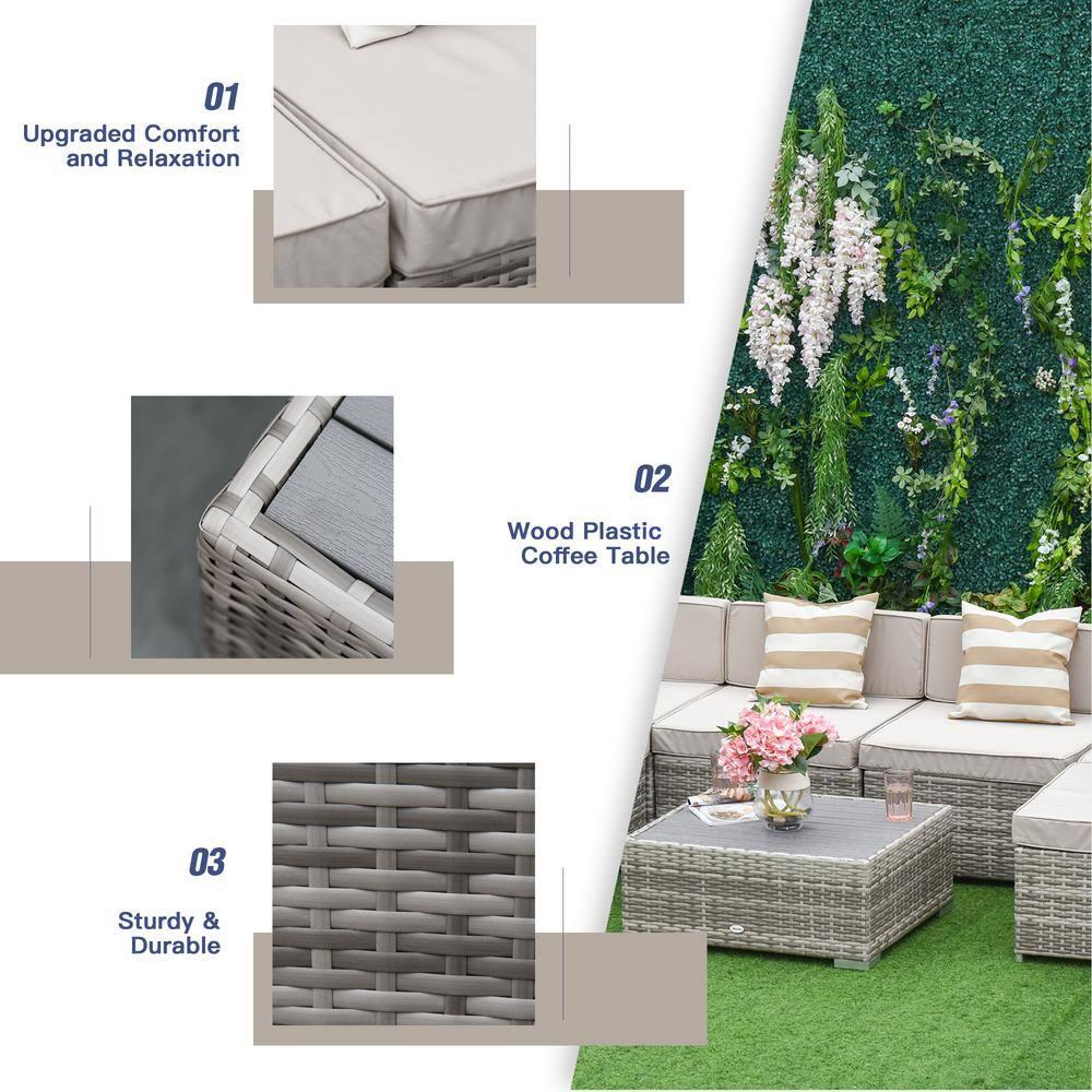 Outsunny 7-Piece Patio Furniture Set, Outdoor Wicker Conversation Set, All Weather PE Rattan Sectional Sofa w/ Faux Wood Table, Stripe Pillows, Beige