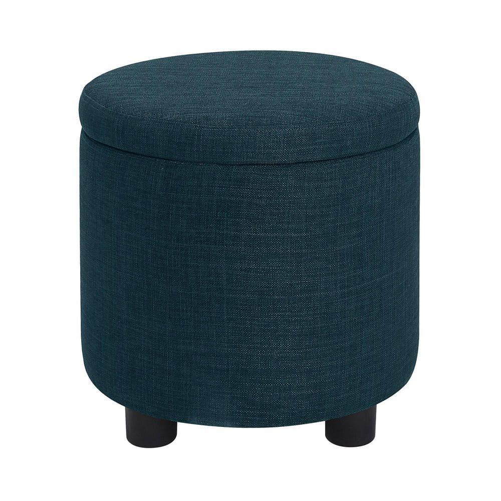 Designs4Comfort Round Accent Storage Ottoman with Reversible Tray Lid, Dark Blue Fabric
