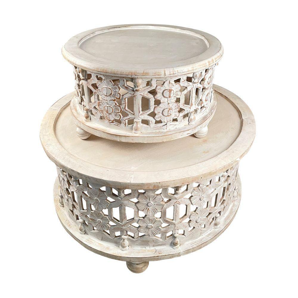 16 x 30 x 30 in. 2 Piece Wooden Round Coffee Table Set with Floral Cut Out Design, Antique White
