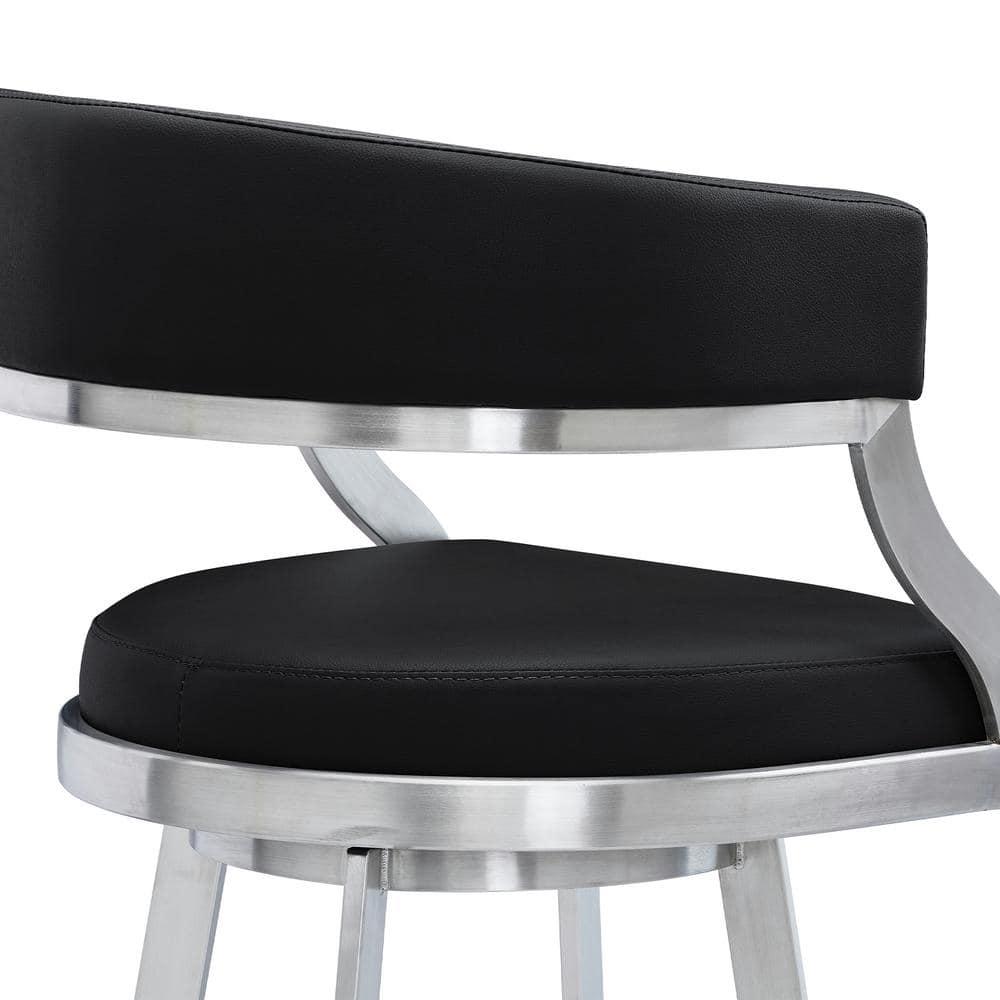 Saturn Modern 30" Seat Height Black Faux Leather and Brushed Stainless Steel Metal Swivel Bar Stool for Kitchen Island Counter