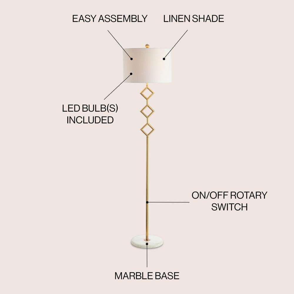 JONATHAN Y Diamante 61.5" Modern Gilt Metal with Marble Based LED Floor Lamp, Gold/White, JYL1083A