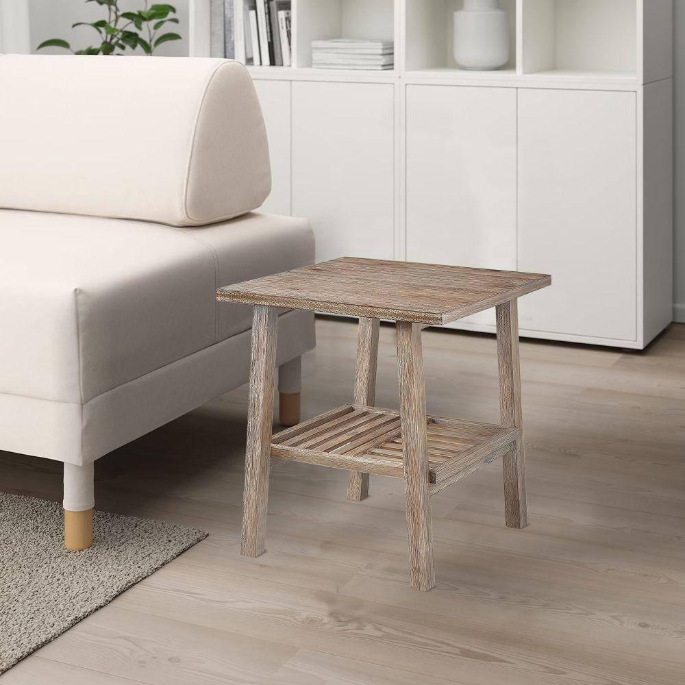 BenJara Farmhouse Wooden End Table with Slatted Bottom Shelf, Rustic Brown