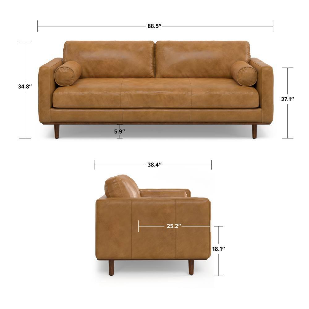 Simpli Home Morrison Genuine Leather Sofa, Mid-Century Modern Couch for Living Room, Handcrafted with Removable Cushions