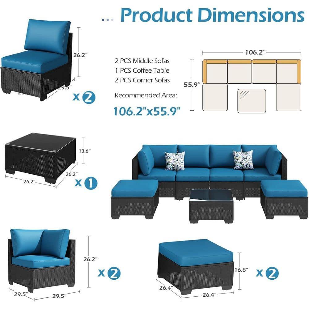 Black Steel Frame 7-Piece Outdoor Sectional Sofa Set with Blue Cushions
