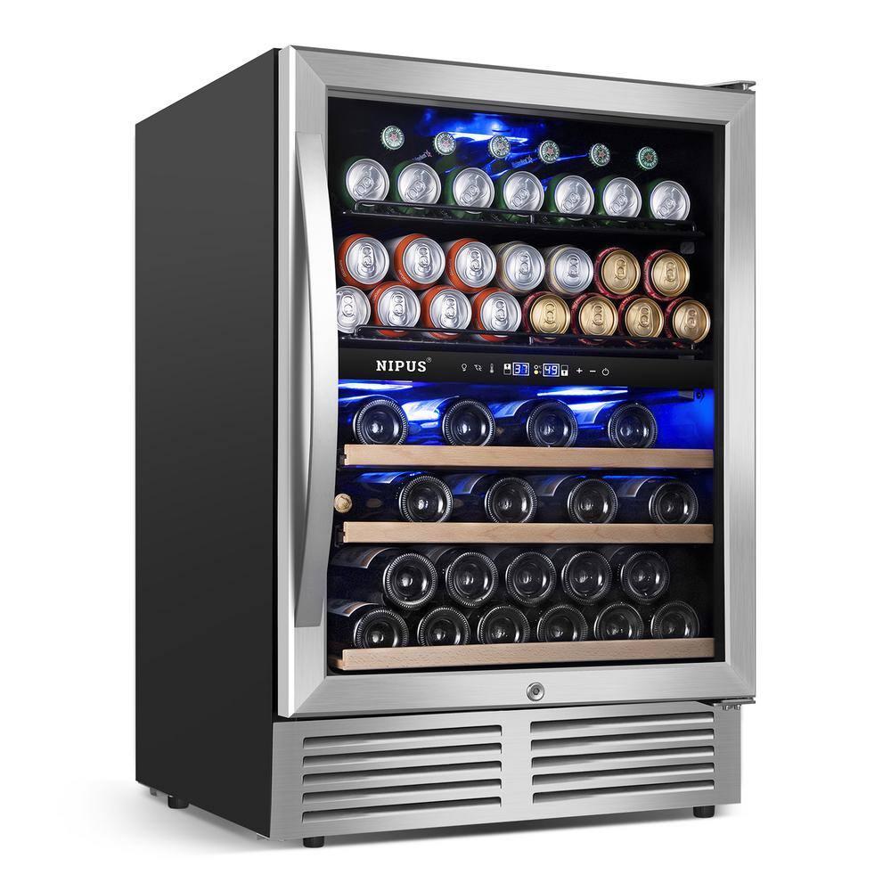 Nipus 24 Inch 94 Can and 27 Bottle Dual Zone Wine & Beverage Refrigerator Freestanding Built-in Beer and Drink Cooler with Glass Door For Kitchen, Bar or Office Classic Series
