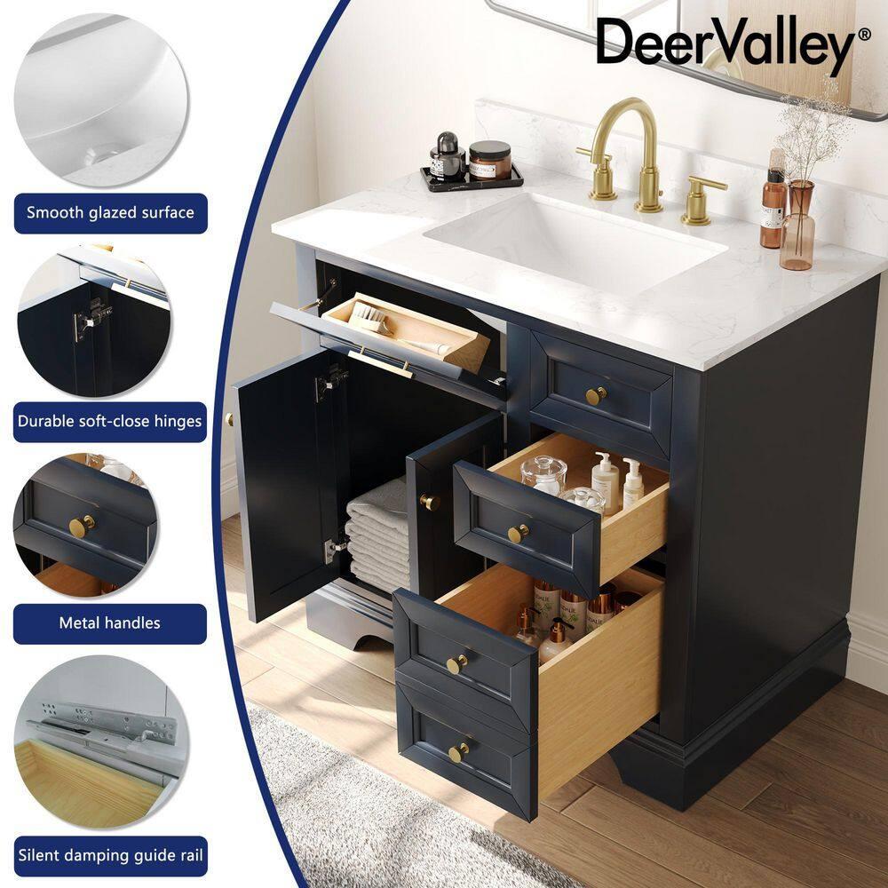 DeerValley Heritage 36'' Fully Assembled Single Bathroom Vanity with Backsplash, 3 Colors Available White/ Navy Blue/ Gray