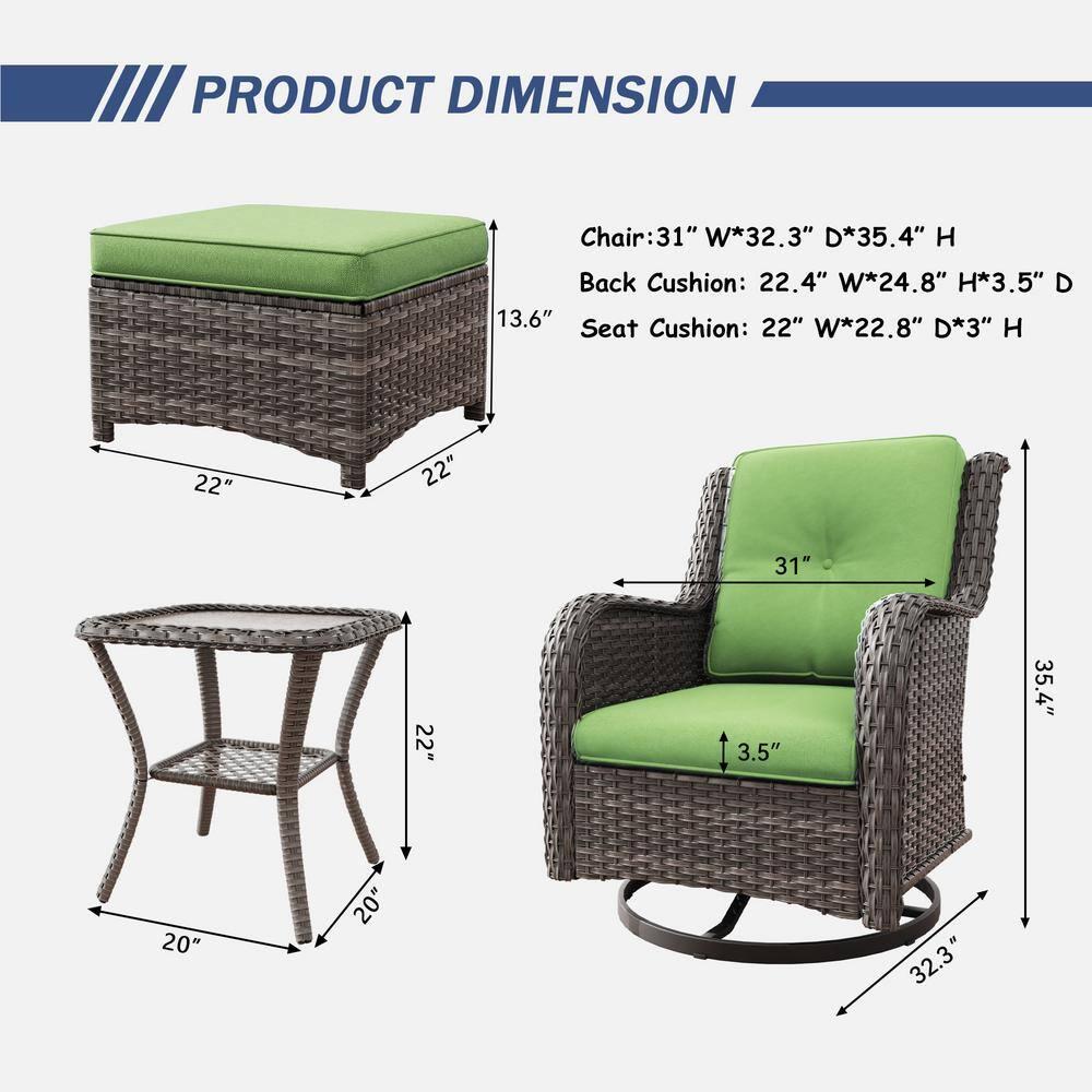 MeetLeisure 5 Pieces Outdoor Furniture Patio Furniture Set with Two Swivel Rocking Chairs,Two Ottomans, One Side Table, Green