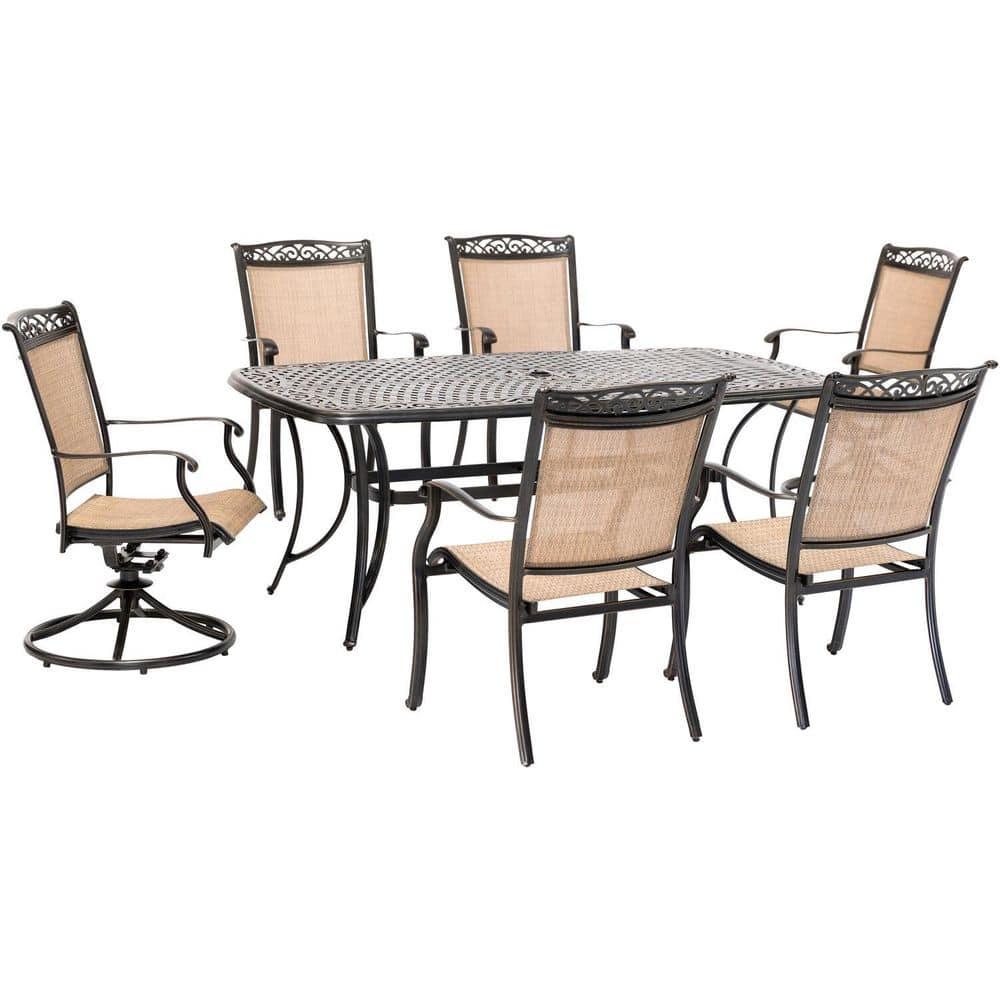 Hanover Fontana 7-Piece Outdoor Dining Set with 2 Sling Swivel Rockers, 4 Sling Chairs, and a 38-In. x 72-In. Cast-Top Table
