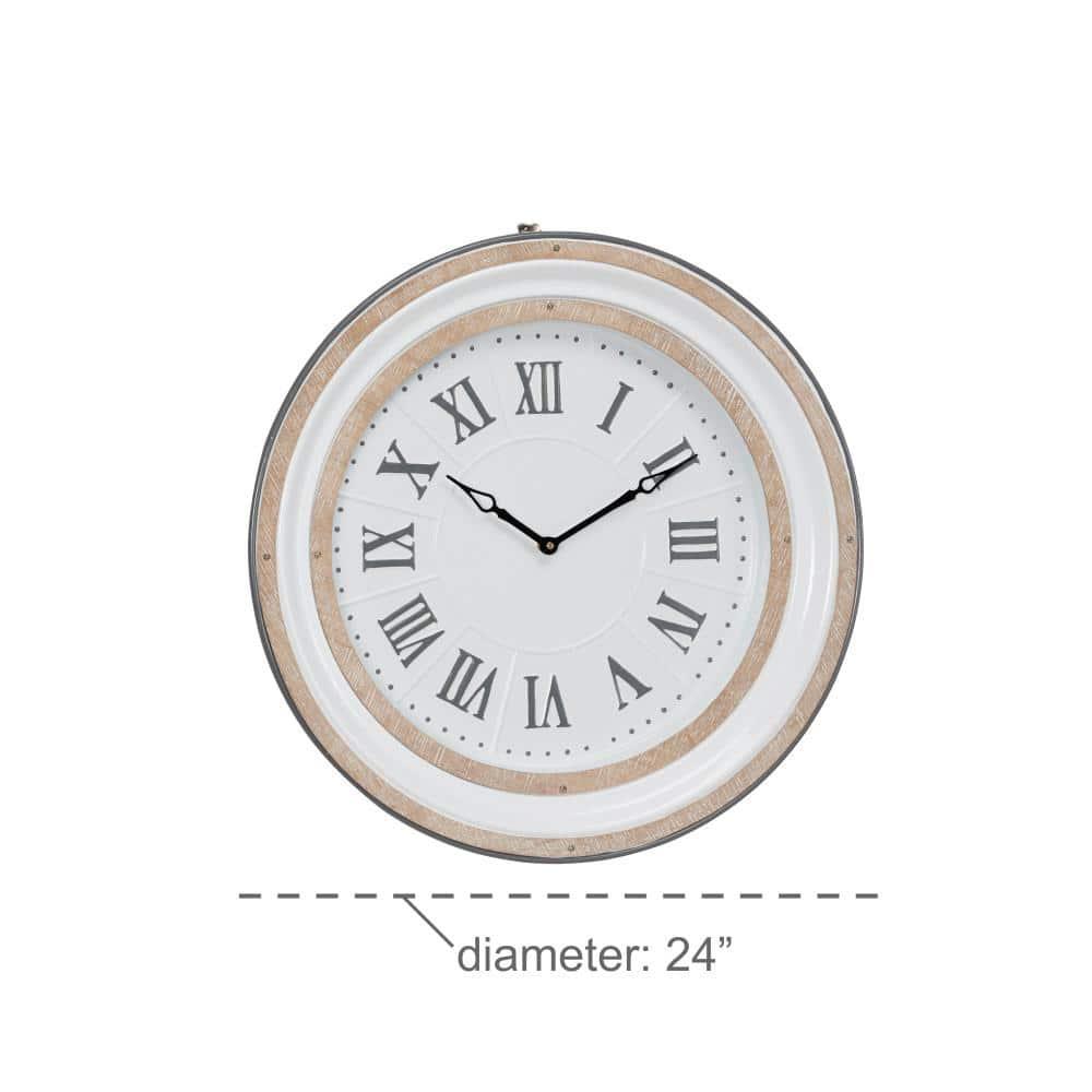 Farmhouse Metal Vintage Wall Clock White - Olivia & May: Silent Mechanism, 24" Size, Round Shape