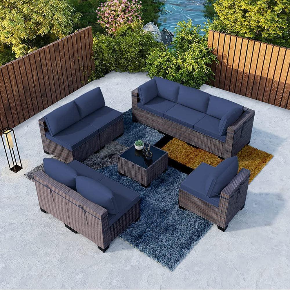 Kullavik 9 Pieces Outdoor Patio Furniture Set Outdoor Sectional Rattan Sofa Set Brown Manual Wicker Patio Conversation Set with Navy Blue Cushions,1 Tempered Glass Tea Table and Cushions Covers