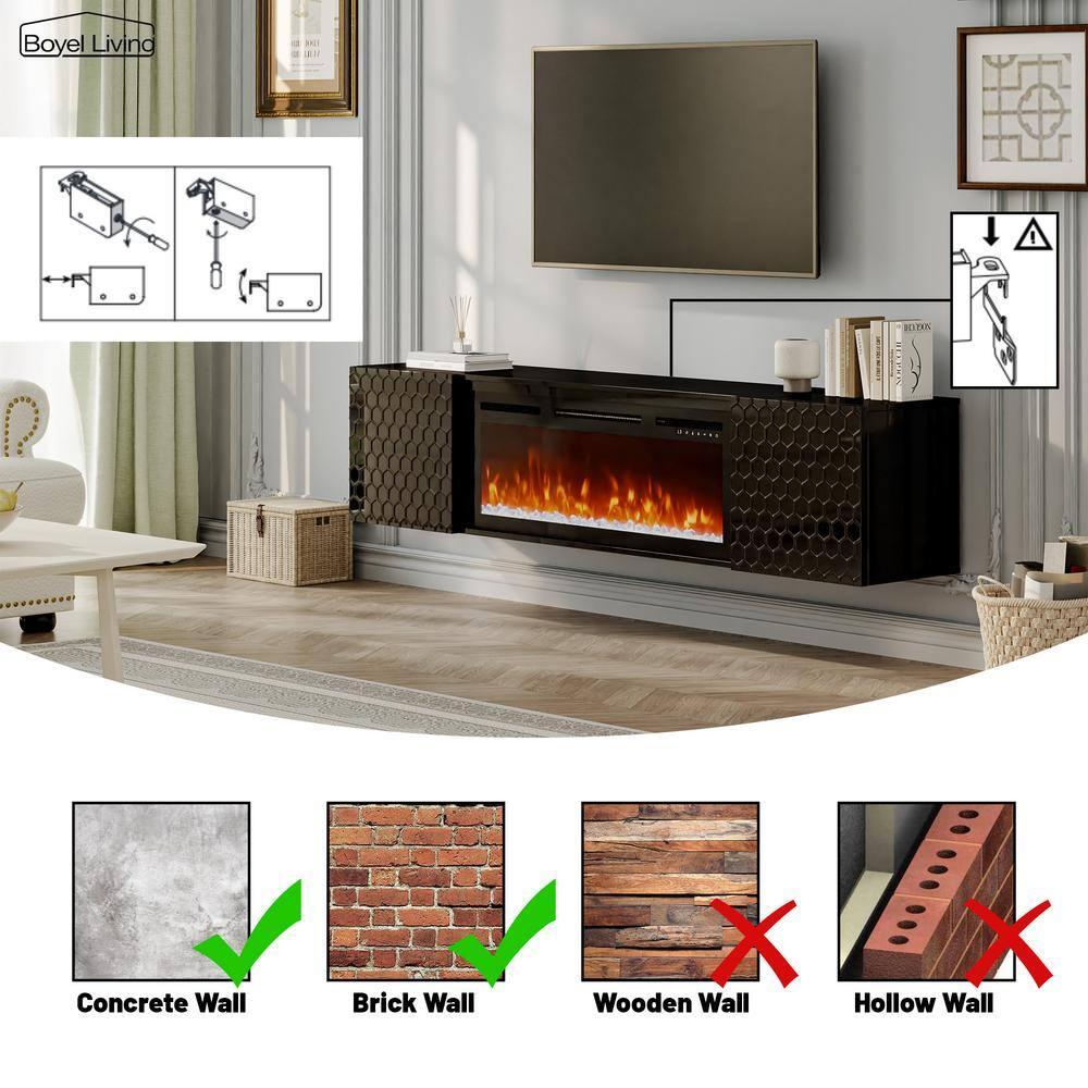 Clihome 67" MDF Wall Mounted TV Stand with 36" Electric Fireplace Black
