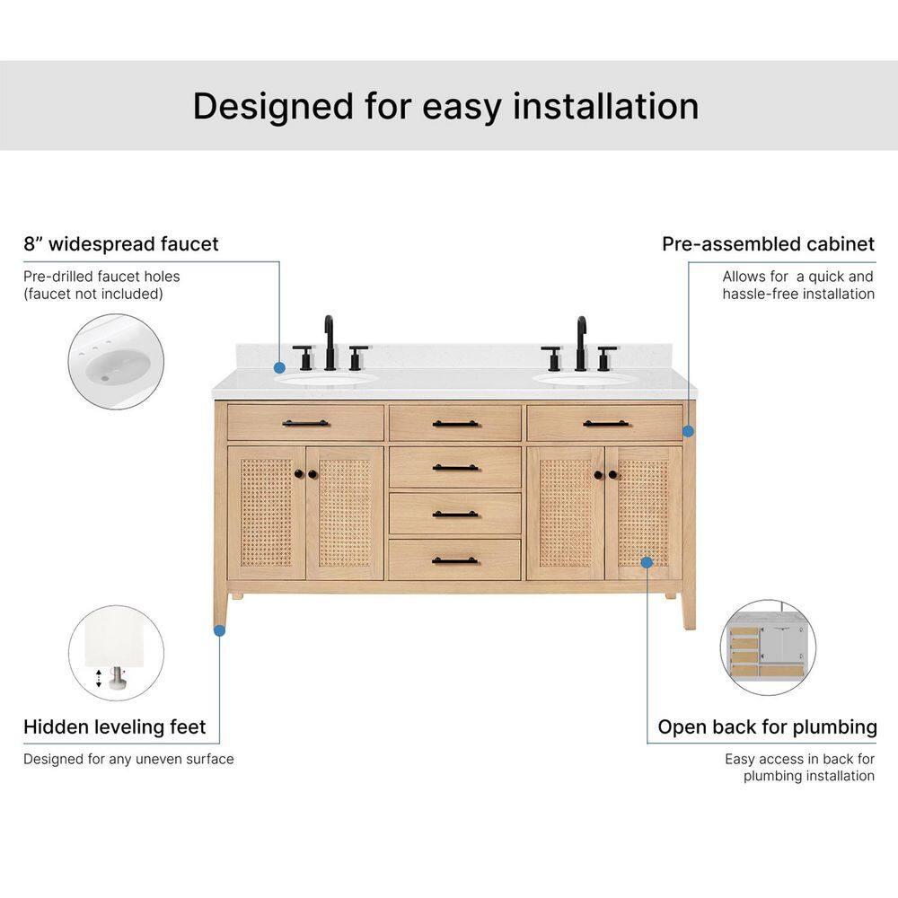 Camila 72 in. W x 22 in. D x 36 in. H Double Oval Sink Bath Vanity in White Oak with Carrara White Quartz Top