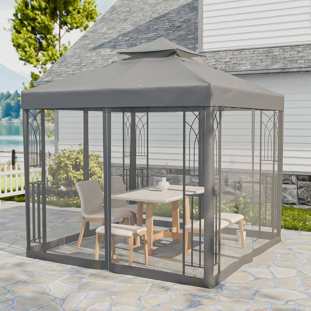 COOS BAY 8 Ft. W x 8 Ft. D Steel Frame Vented Soft Top Patio Gazebo with Mesh Netting, Corner Shelves