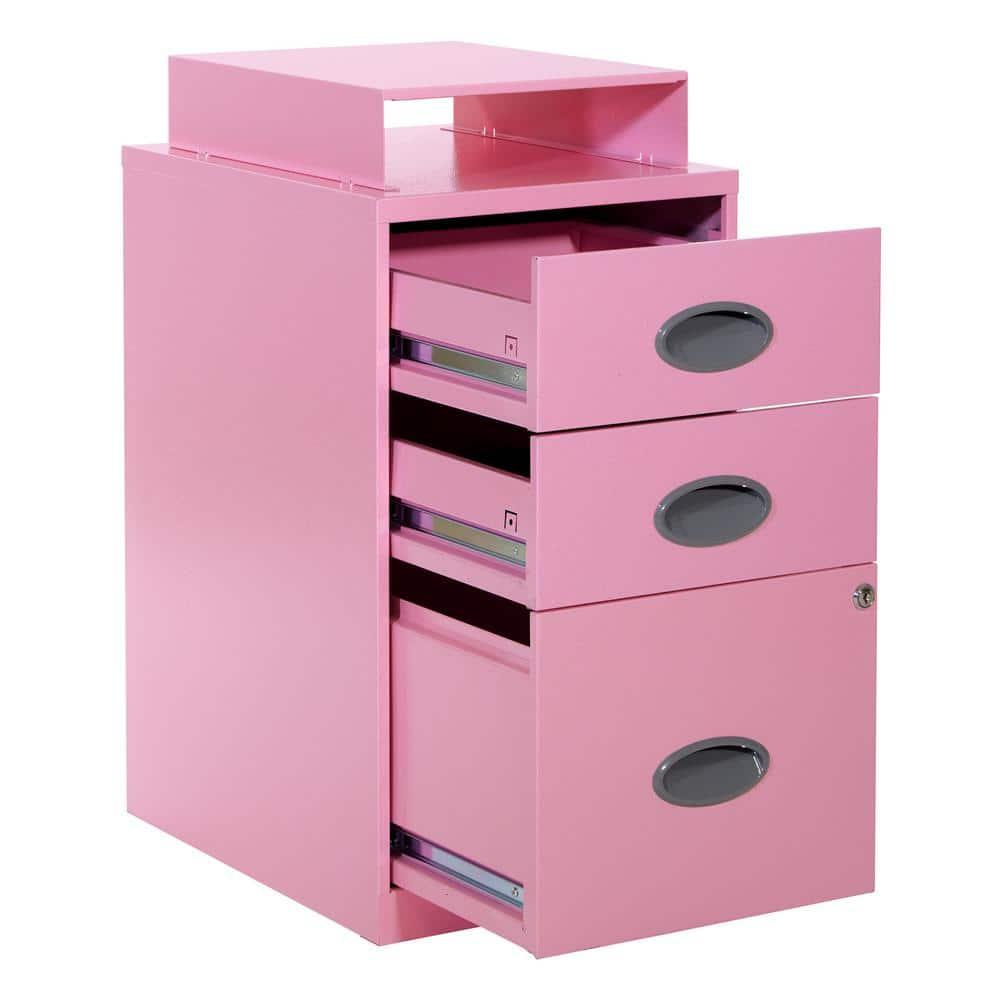 OSP Home Furnishings 3-Drawer Lockable Metal File Cabinet, Pink