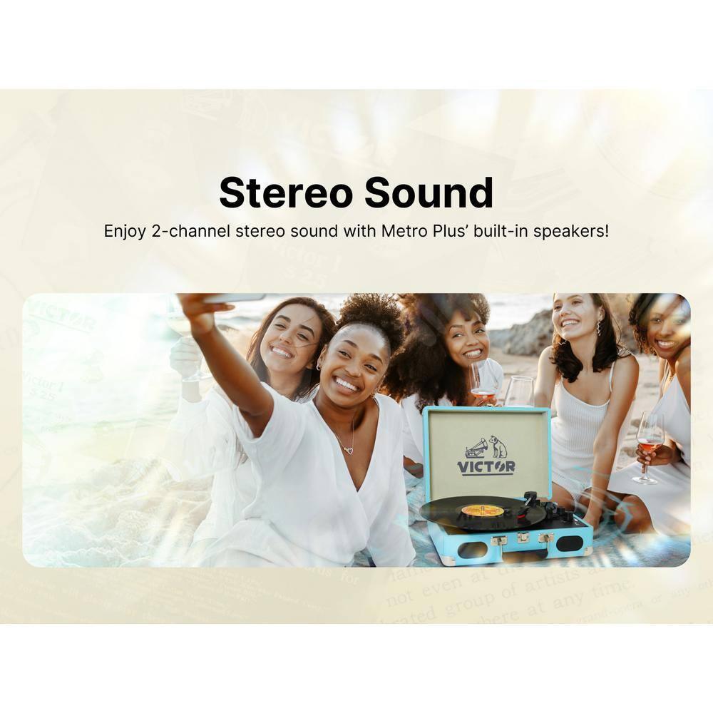 Victor Metro Plus Battery-Powered Bluetooth Suitcase Turntable | 3-Speed Vinyl Record Player with Built-in Stereo Speakers, Rechargeable Battery, RCA Output, Aux Input, and 45 RPM Adaptor, VSRP-850B
