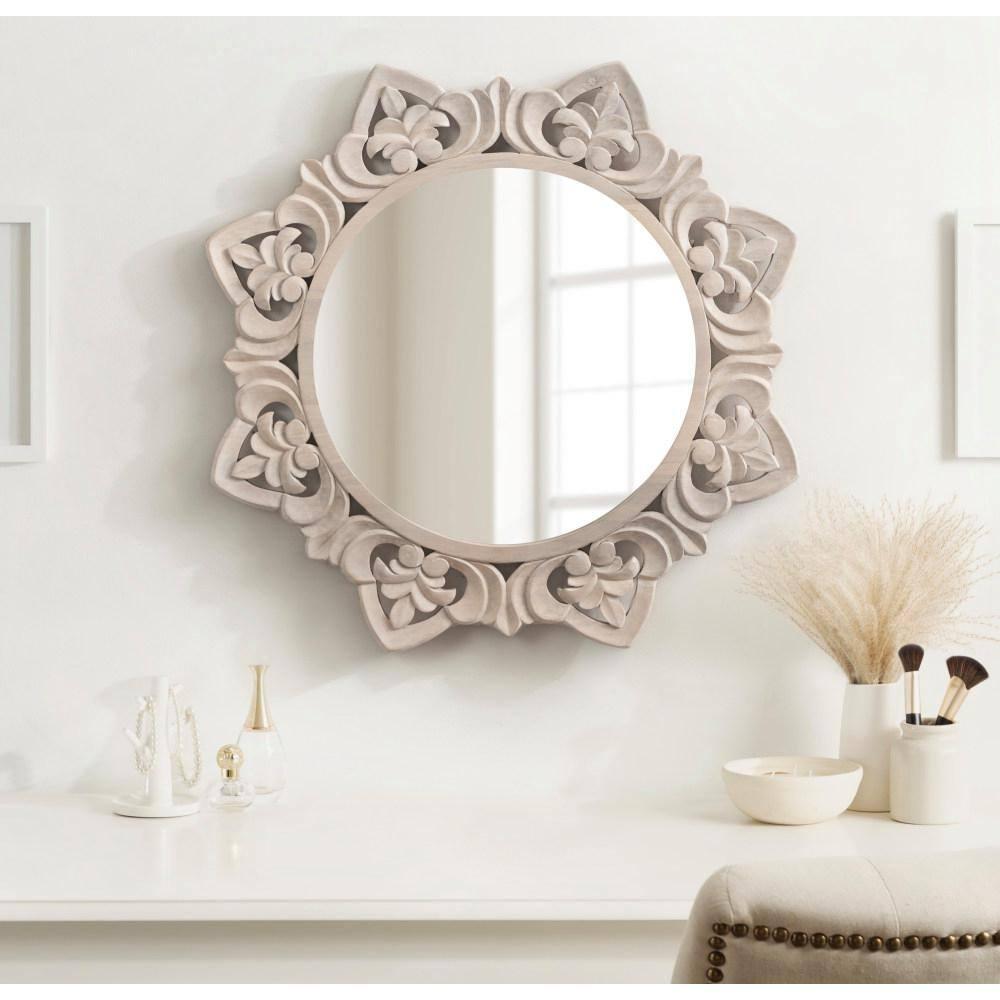 Kate & Laurel All Things Decor 28"x28" Meera Carved Wood Mirror Brown: Artisan Starburst, No Assembly