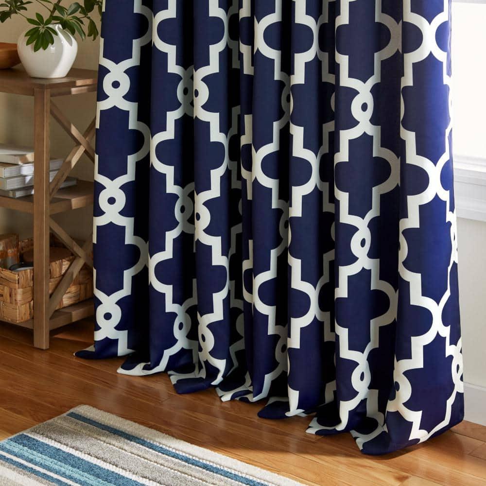 TOWN & COUNTRY EVERYDAY Ironwork Geo Trellis Sateen Indoor Curtains, Room Darkening Blackout, Grommet Top, Energy Efficient, 2-Pack Set, 52"x96", Peacoat Blue