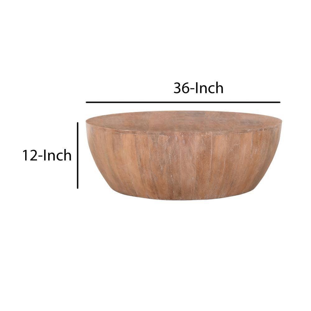 The Urban Port Drum Shape Wooden Coffee Table with Plank Design Base, Distressed Brown