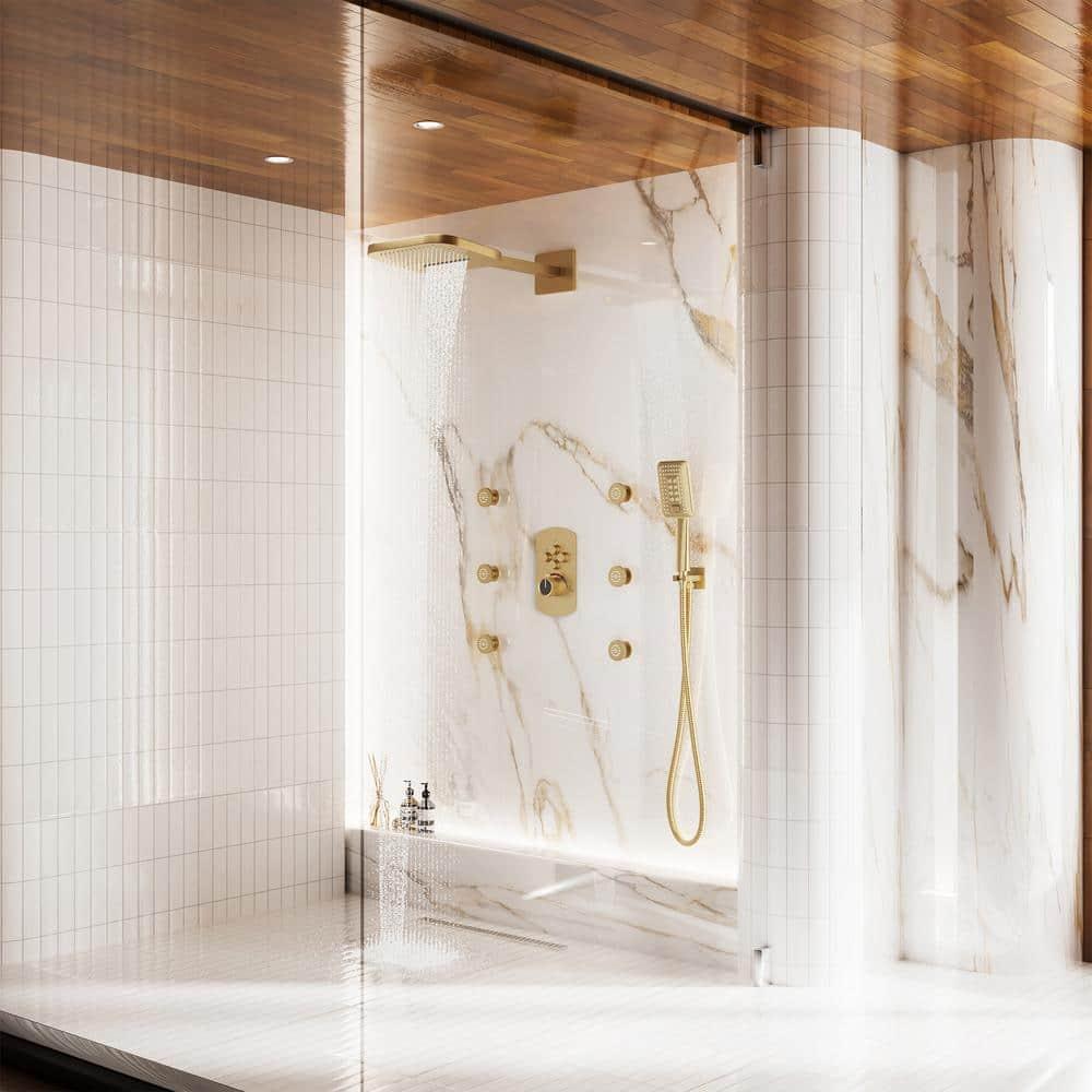 CASAINC 4-Function Wall Mounted Thermostatic Complete Shower System with 6 Body Jets and Rough-in Valve CS6855-22BG