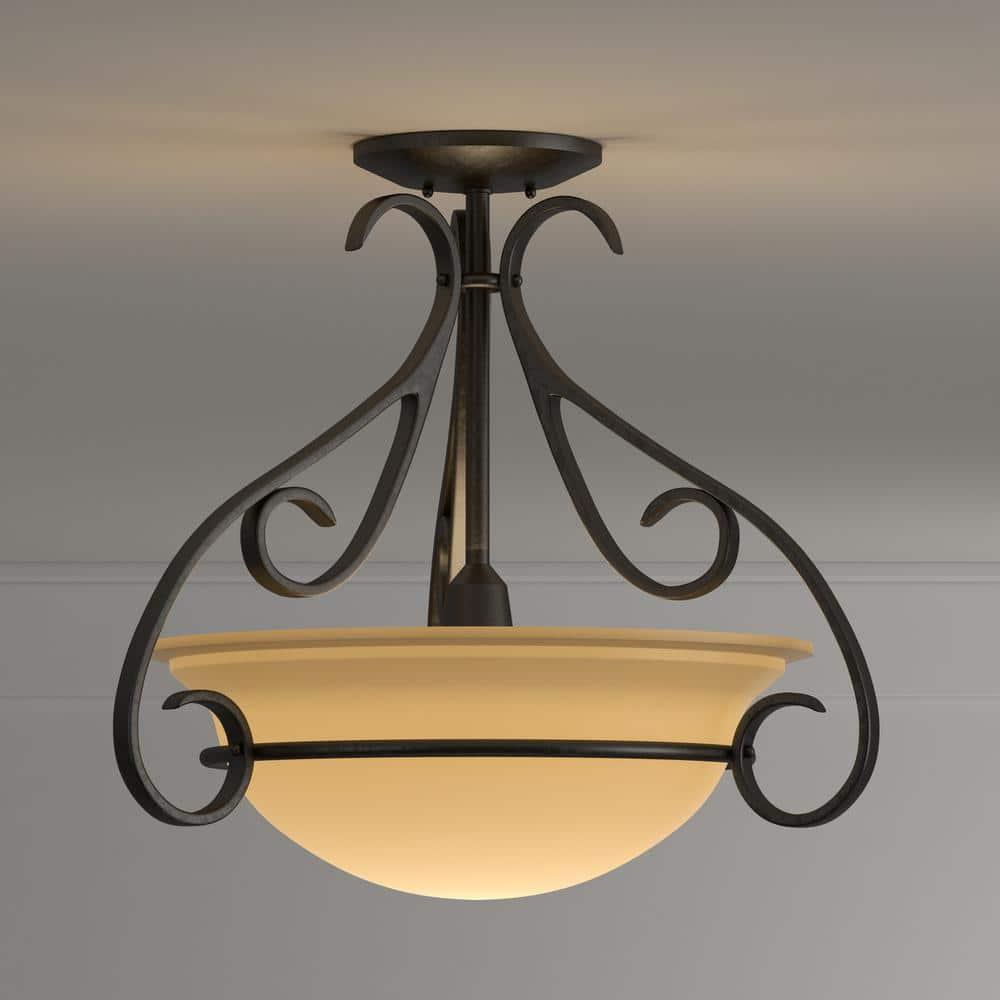 Progress Lighting Torino 3-Light Semi-Flush in Forged Bronze with Etched White Glass Bowl