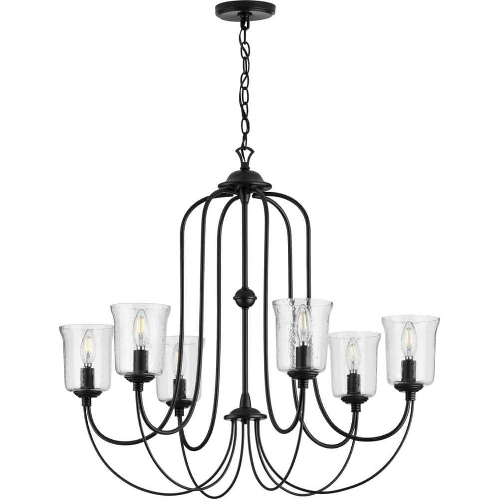 Bowman Collection Six-Light Matte Black Clear Chiseled Glass Coastal Chandelier Light