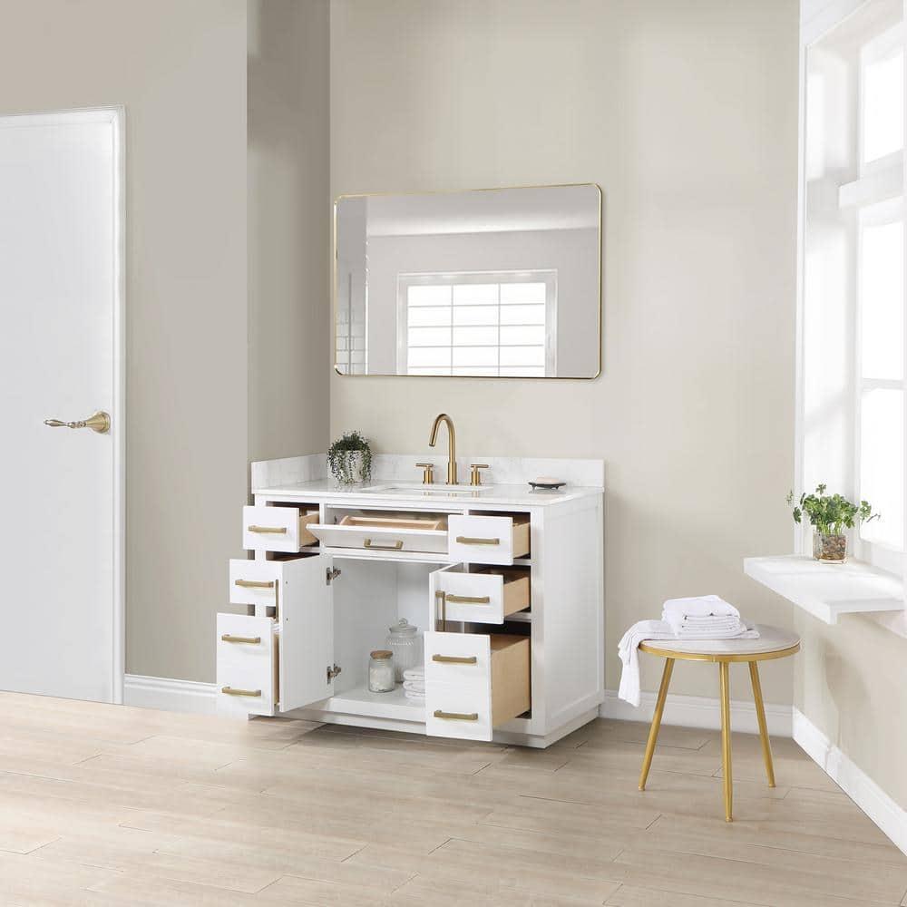 Gavino 48" Wood Vanity in White with Grain White Composite Stone Top and Mirror