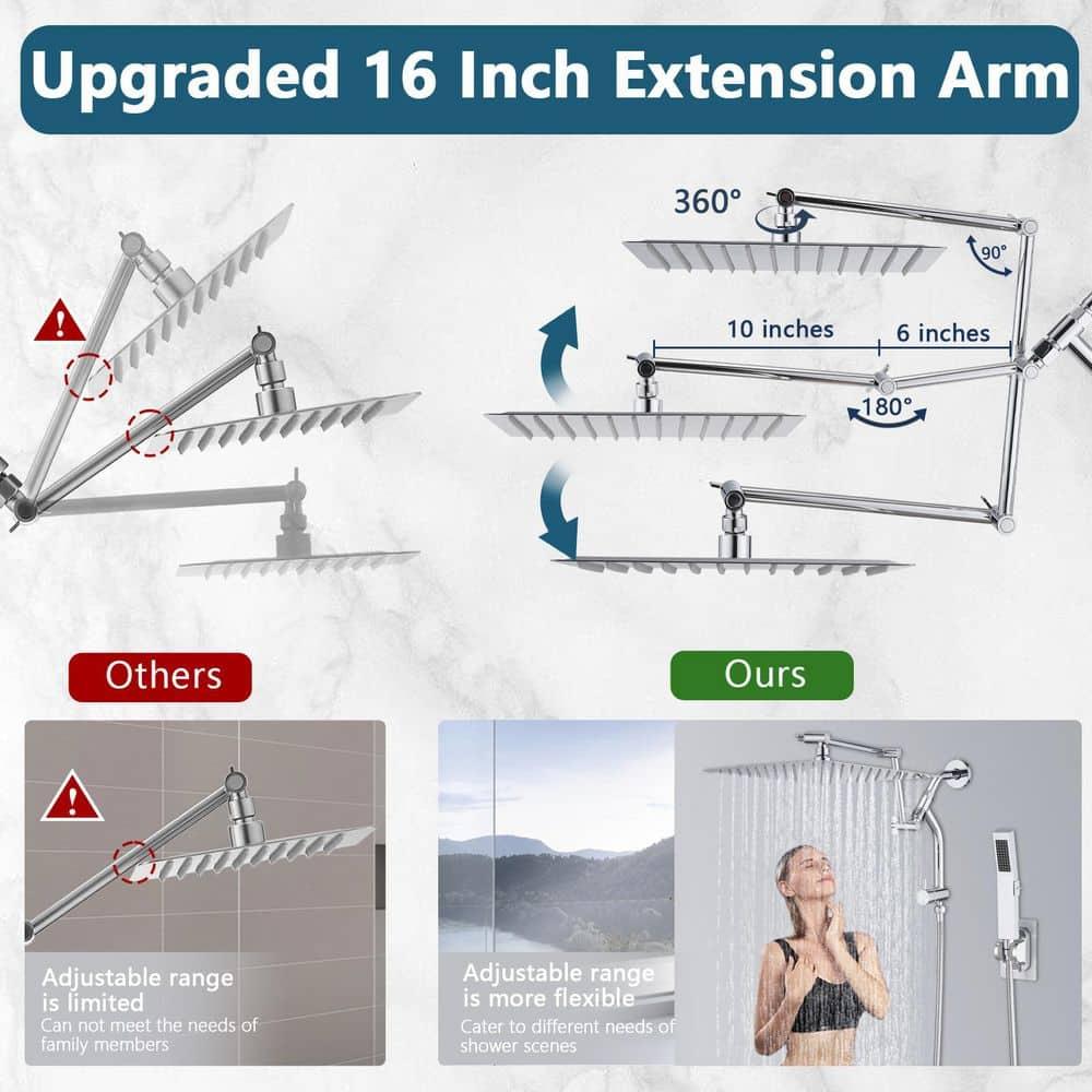 PDPBath All Metal 12'' Rainfall Shower Head with Handheld Combo, Upgrade 3-Way Diverter with Pause Setting, High Pressure Rain Shower Head with Z-shaped Extension Arm, 59" Hose, Brushed Nickel