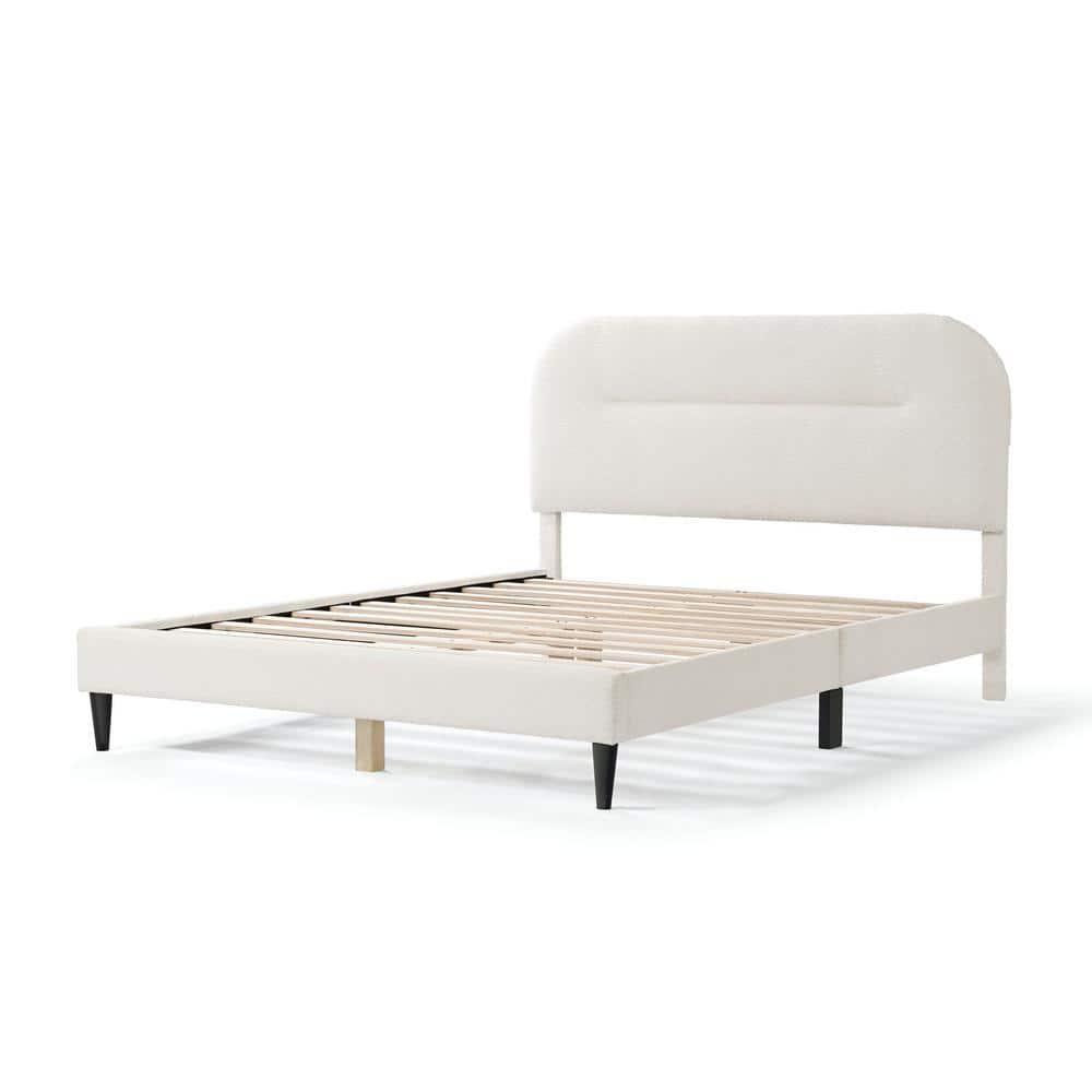 24/7 Shop At Home Queen Heartwild Modern Boucle Upholstered Rounded Platform Bed White: Padded Headboard, No Box Spring Required