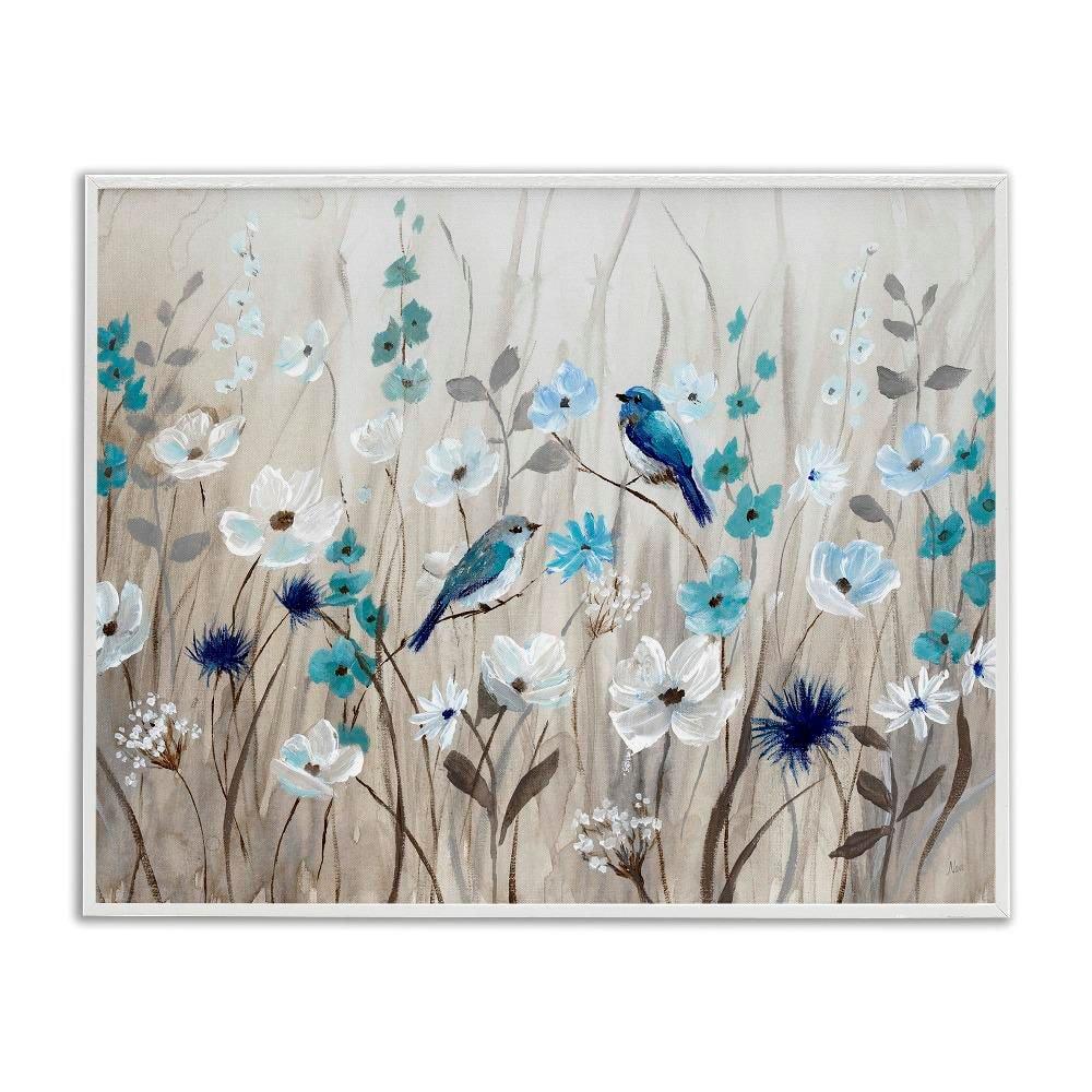 Stupell Birds in Meadow Blue Blossoms White Framed Giclee, 11 x 14