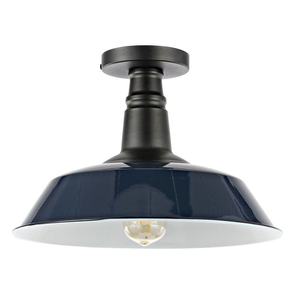 JONATHAN Y JYL7617C Camila 14" 1-Light Classic Industrial Indoor/Outdoor Iron LED Semi Flush Mount Mid-Century, Rustic 2700K Cozy Warm Light Kitchen Hallway Bathroom Stairwell, Navy/White